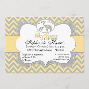 Invitation Baby shower d'éléphant en jaune et gris de Chevron
