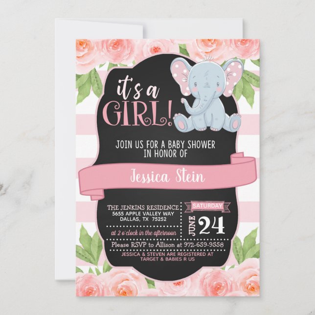 Invitation Baby shower d'éléphant floral - Fille (Devant)