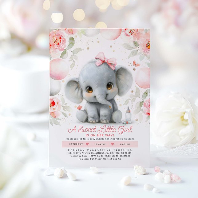 Invitation Baby shower d'éléphant floral rose vif (Elephant Girl Baby Shower Invitation)