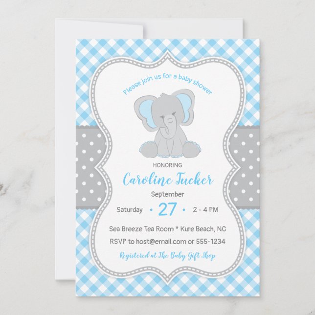 Invitation Baby shower d'éléphant gris bleu En vichy (Devant)