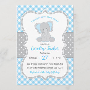 Invitation Baby shower d'éléphant gris bleu En vichy