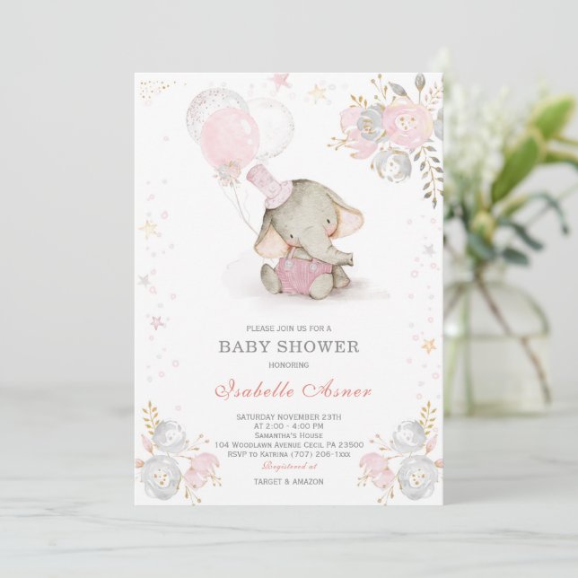 Invitation Baby shower d'éléphant gris et rose (Debout devant)