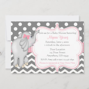 Invitation Baby shower d'éléphant gris rose
