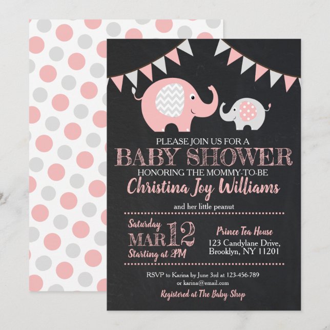 Invitation Baby shower d'éléphant gris rose mou (Devant / Derrière)