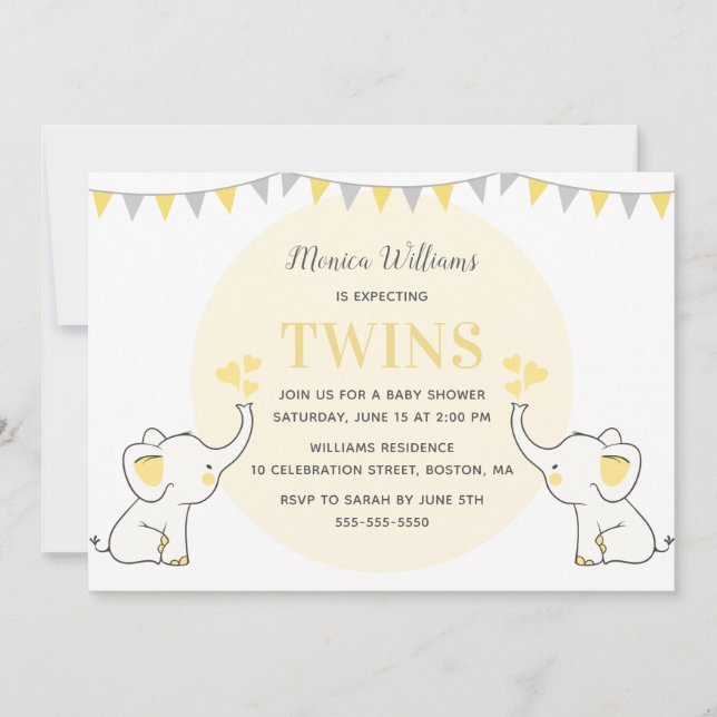 Invitation Baby shower d'éléphant jaune | Baby shower jumeaux (Devant)
