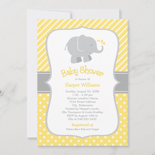 Invitation Baby shower d'éléphant jaune et gris moderne (Devant)