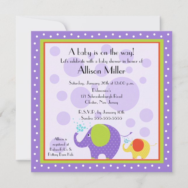 Invitation Baby shower d'éléphant lumineux et amusant (Devant)