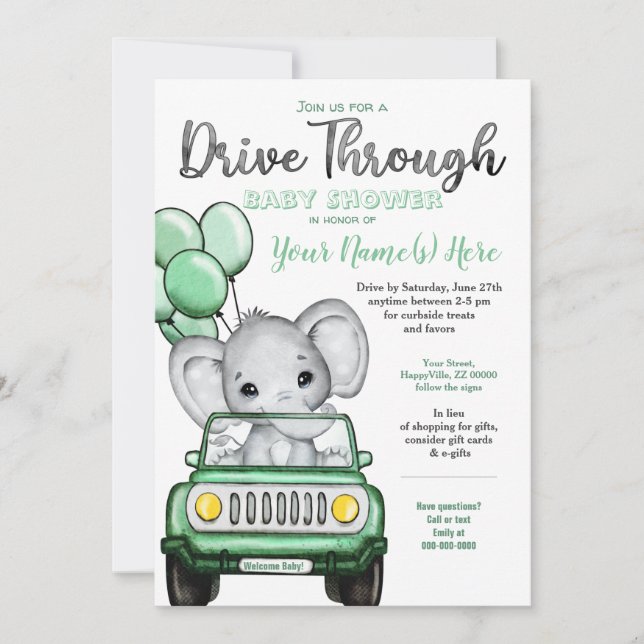 Invitation Baby shower d'éléphant neutre par voiture de monna (Devant)