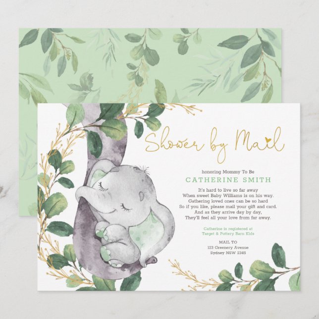 Invitation Baby shower d'éléphant or de verdure simple par co (Devant / Derrière)