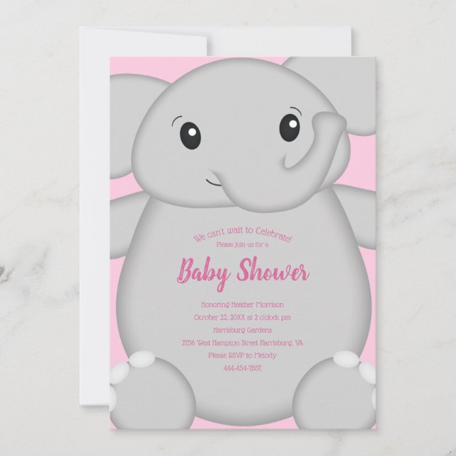 Invitation Baby shower d'éléphant rose (Devant)