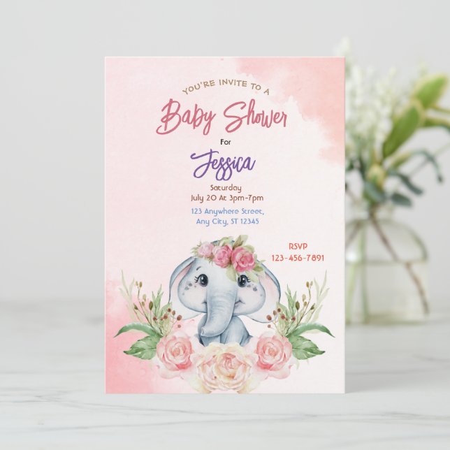 Invitation Baby shower d'éléphant rose (Debout devant)