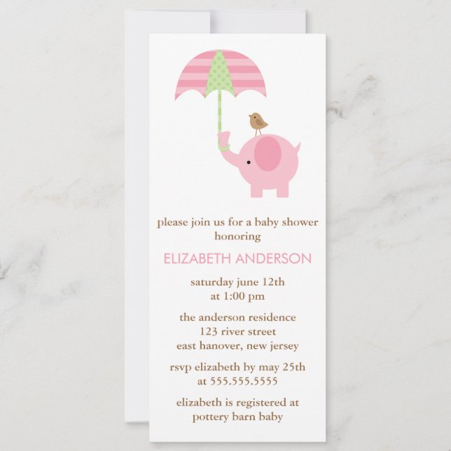 Invitation Baby shower d'éléphant rose (Devant)