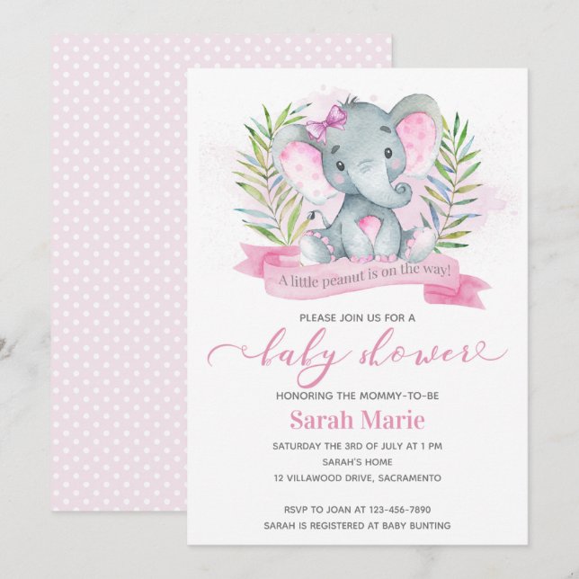 Invitation Baby shower d'éléphant rose (Devant / Derrière)