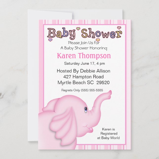 Invitation Baby shower d'éléphant rose (Devant)
