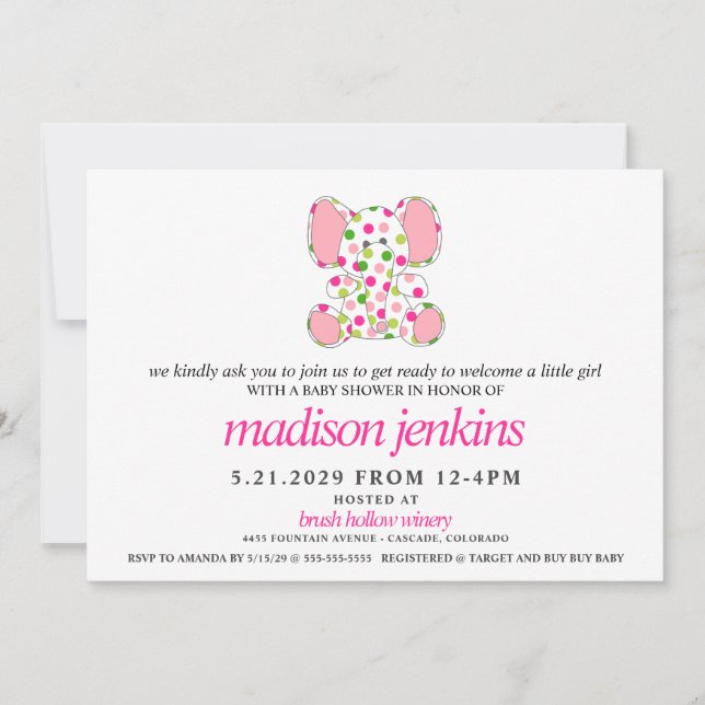 Invitation Baby shower d'éléphant rose (Devant)