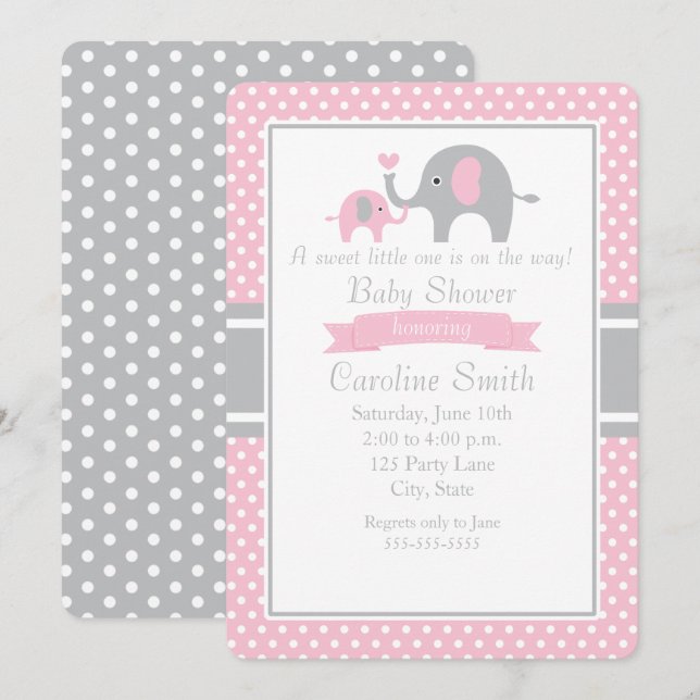 Invitation Baby shower d'éléphant rose et gris (Devant / Derrière)