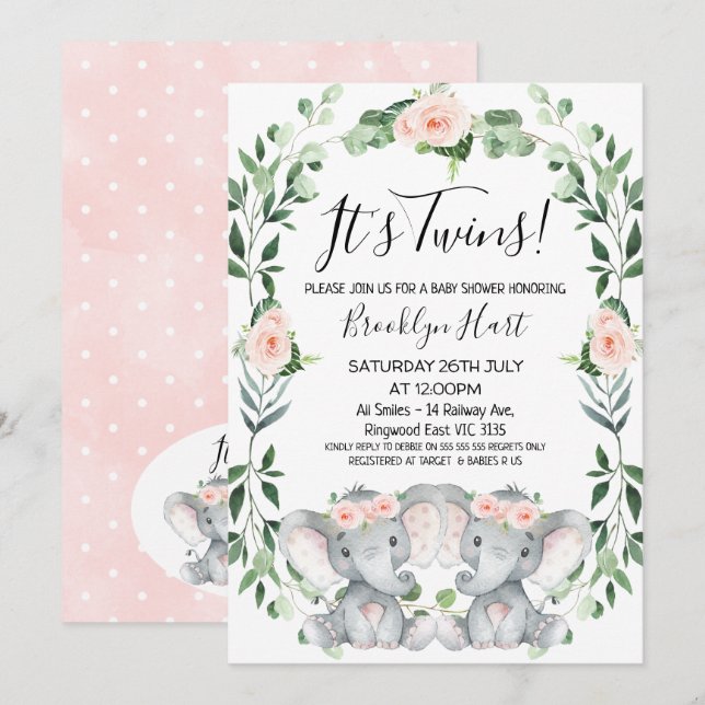 Invitation Baby shower d'éléphant rose fleuri (Devant / Derrière)