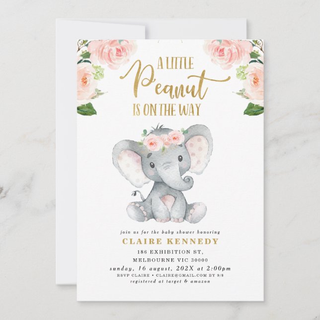 Invitation Baby shower d'éléphant rose floral d'ar (Devant)