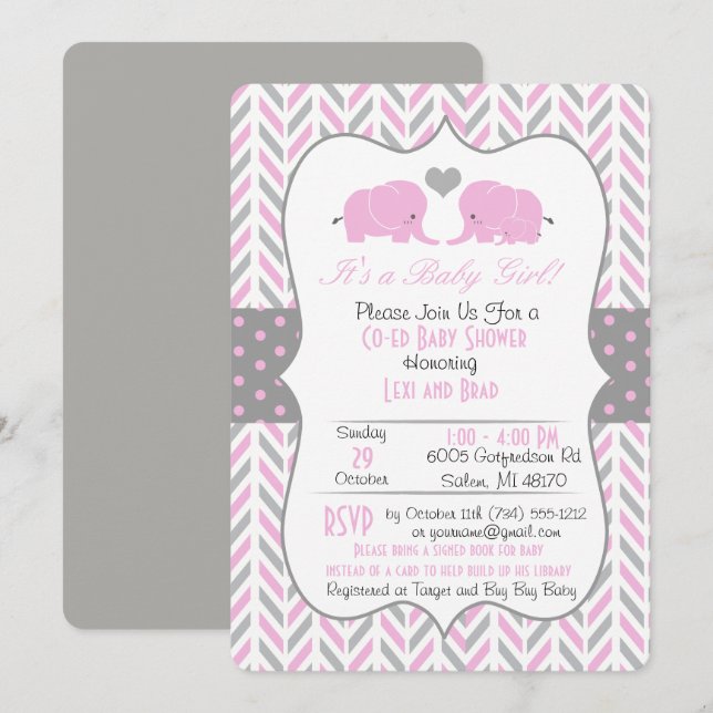 Invitation Baby shower d'éléphant rose gris (Devant / Derrière)