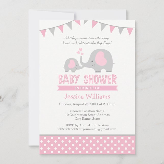 Invitation Baby shower d'éléphant rose gris pour u (Devant)