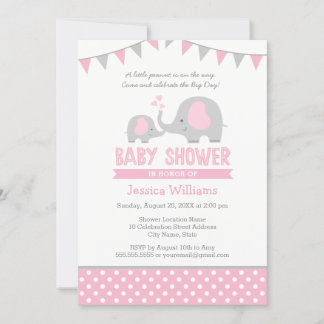 Invitation Baby shower d'éléphant rose gris pour u