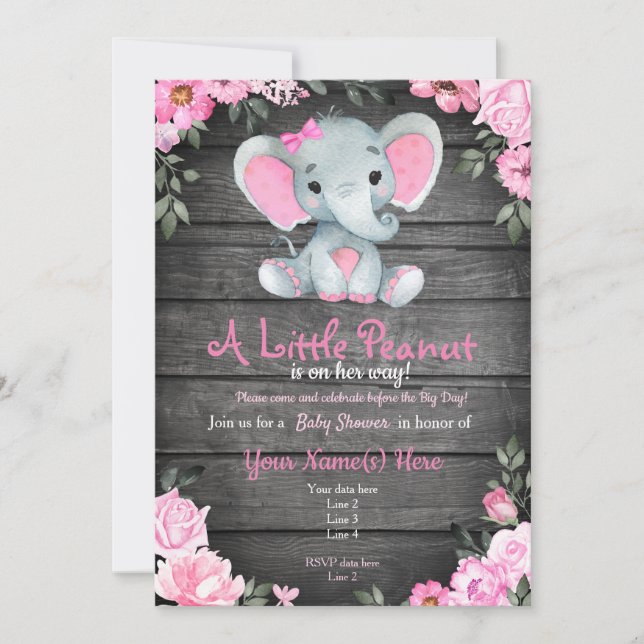 Invitation Baby shower d'éléphant rose, rustique (Devant)