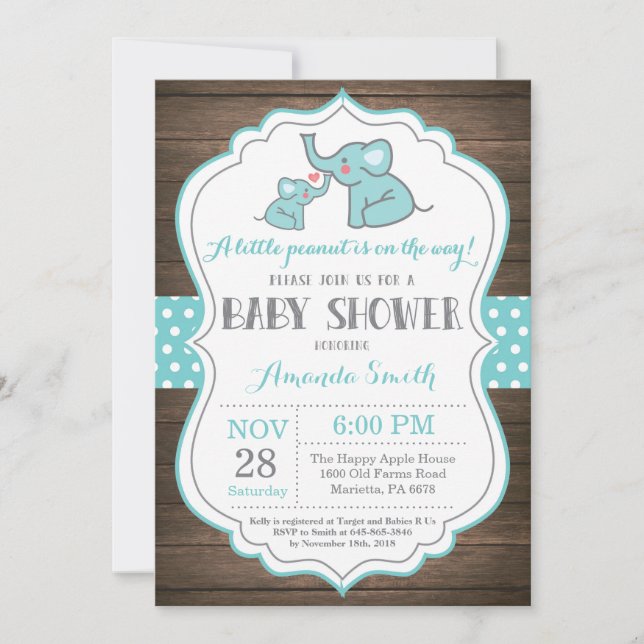 Invitation Baby shower d'éléphant rustique Aqua (Devant)
