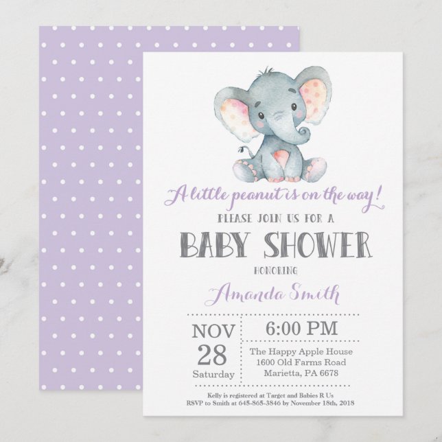 Invitation Baby shower d'éléphant violet et gris (Devant / Derrière)