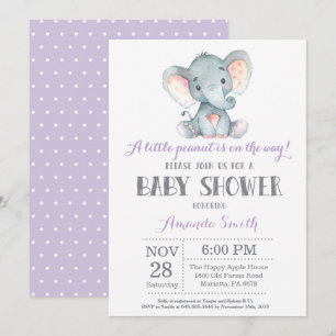 Invitation Baby shower d'éléphant violet et gris