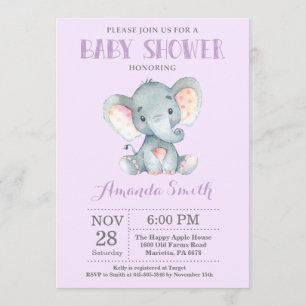 Invitation Baby shower d'éléphant violet et gris