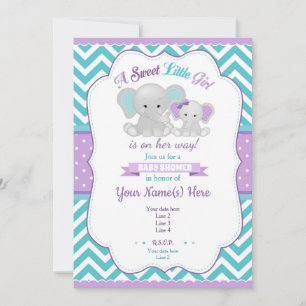 Invitation Baby shower d'éléphant violet Turquoise