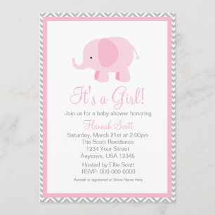 Invitation Baby shower d'éléphante Chevron gris rose
