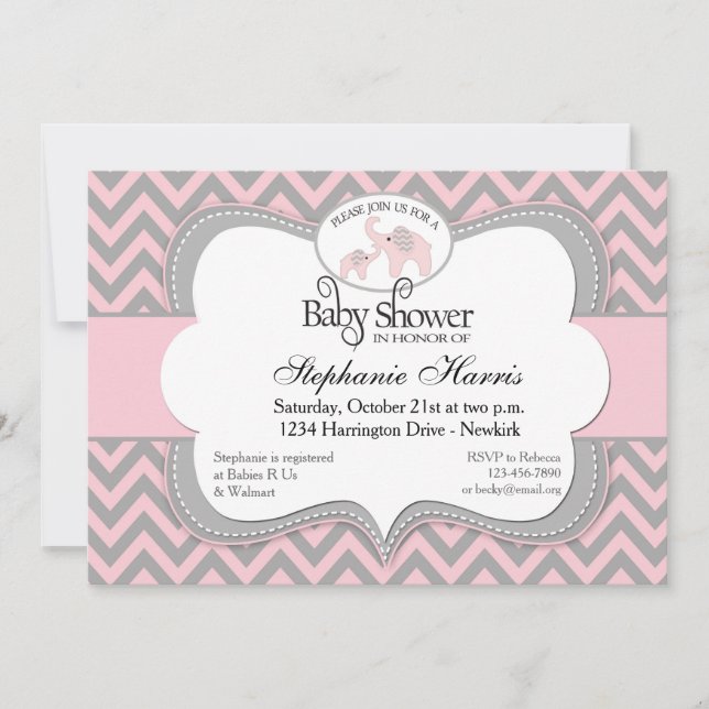 Invitation Baby shower d'éléphants dans le rose de Chevron (Devant)
