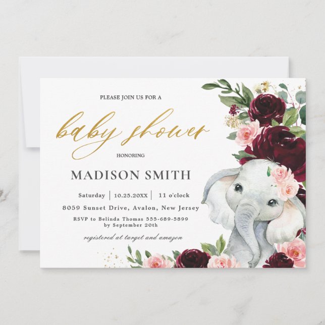 Invitation Baby shower d'éléphants floraux de Bourgogne     (Devant)