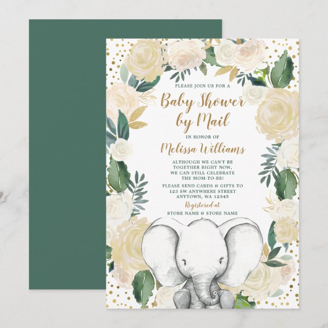 Invitation Baby shower d'éléphants neutres selon le sexe par  (Devant / Derrière)