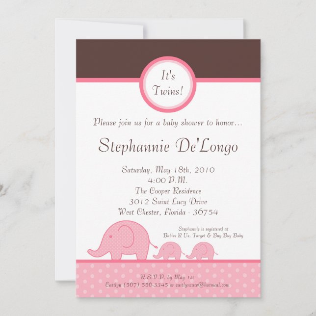 Invitation Baby shower d'éléphants pour les Twins  (Devant)
