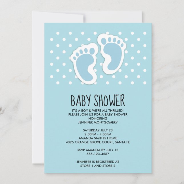 Invitation Baby shower d'empreintes de bébé bleu mou (Devant)
