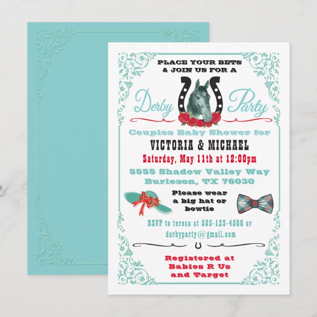 Invitation Baby shower Derby Horse Racing (Devant / Derrière)