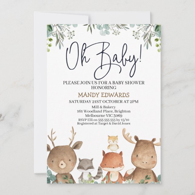 Invitation Baby shower des animaux de bois de feuillage (Devant)