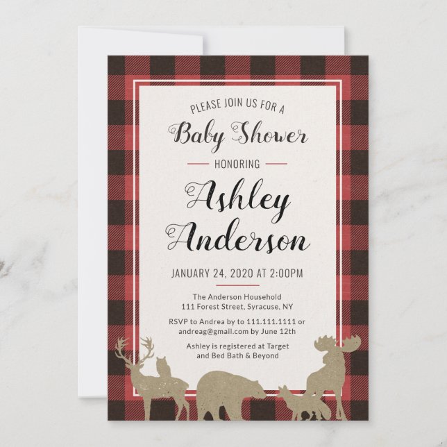 Invitation Baby shower des animaux de bois plaid (Devant)