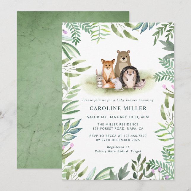 Invitation Baby shower des animaux de bois verdoyants (Devant / Derrière)