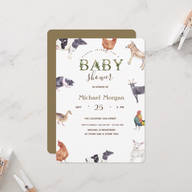 Invitation Baby shower des animaux de ferme aquarelle (Devant/Arrière en situation)