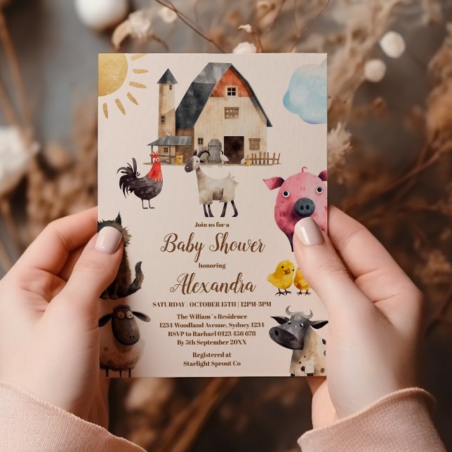 Invitation Baby shower des animaux de ferme aquarelle (Créateur téléchargé)