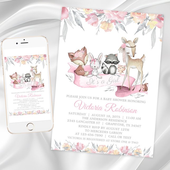 Invitation Baby shower des animaux de la forêt (Girls sweet woodland baby shower invitation. Instant download and printed invitations available.)