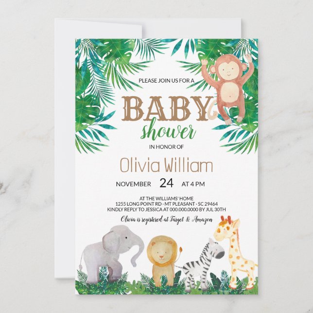 Invitation Baby shower des animaux de la jungle (Devant)