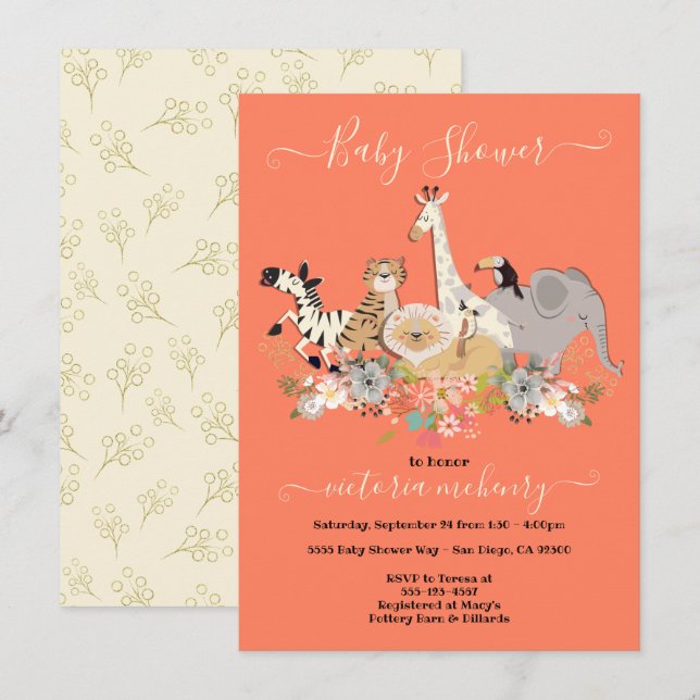 Invitation Baby shower des animaux de la jungle (Devant / Derrière)