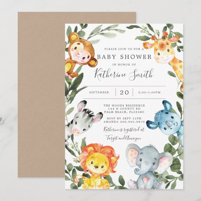 Invitation Baby shower des animaux de la jungle (Devant / Derrière)