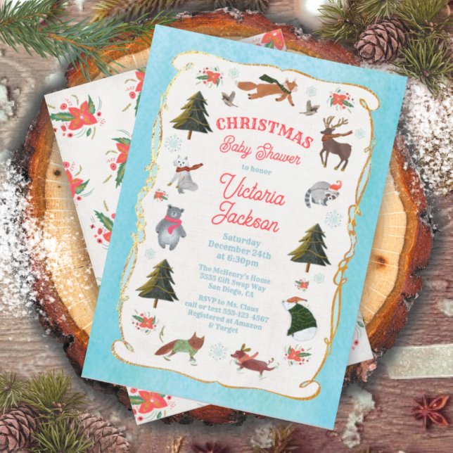 Invitation Baby shower des animaux de Noël en bois (Créateur téléchargé)
