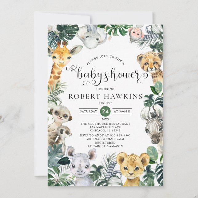 Invitation Baby shower des animaux de Safari de la Jungle tro (Devant)