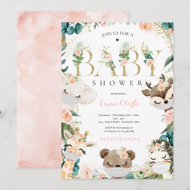 Invitation Baby shower Des Animaux De Safari Vert Et Or (Devant / Derrière)